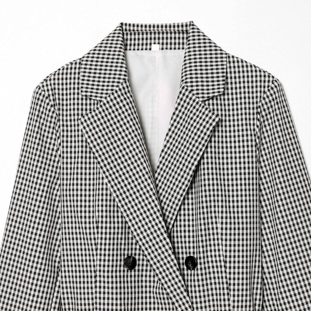Damen nan taillierter zweireihiger Blazer mit Kordelzug und kariertem Muster Drune