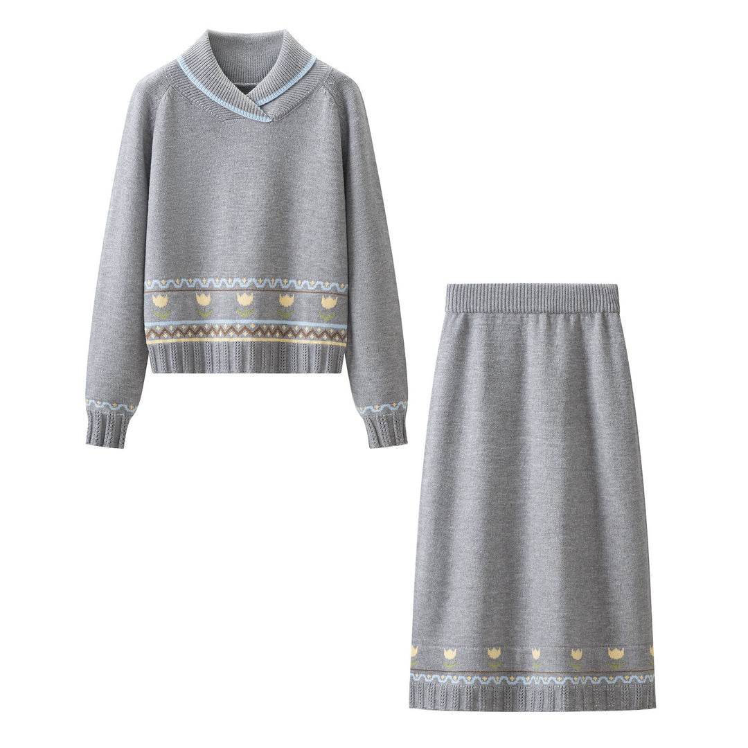 Damen Strick-Set aus Feinstrick mit Schalkragenpullover und hohem Taillen-Midirock Drune