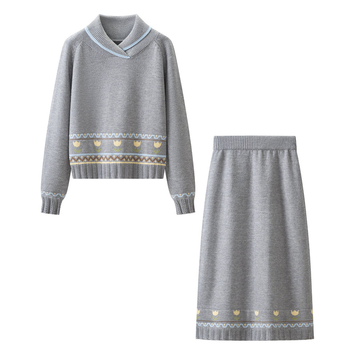Damen Strick-Set aus Feinstrick mit Schalkragenpullover und hohem Taillen-Midirock Drune