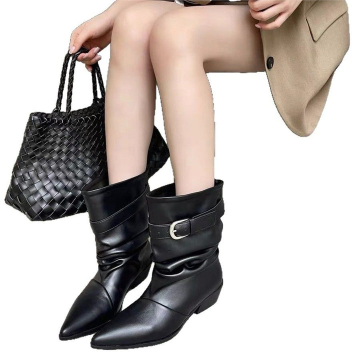 Damen Mid‑Calf Slouch Westernstiefel mit spitzer Zehenpartie, gerafftem Schaft und Zierschnalle Drune