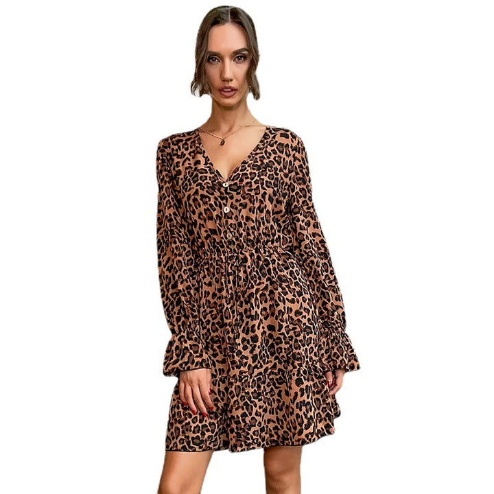 Damen Gestuftes Minikleid mit V‑Ausschnitt, Taillen‑Zugband und Leoprint Drune
