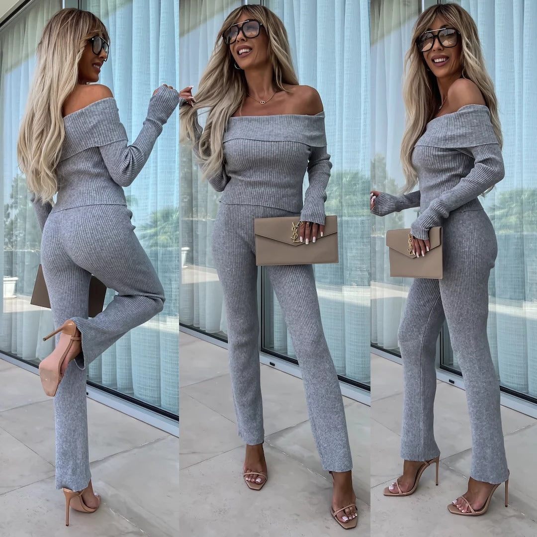 Damen elegante Knit-Jumpsuit mit schulterfreiem Design und weitem Bein Drune