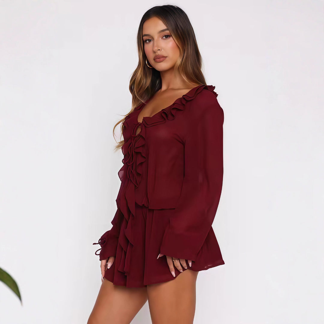 Damen Chiffonbluse mit eleganter Rüschendekoration und tiefem V-Ausschnitt Drune