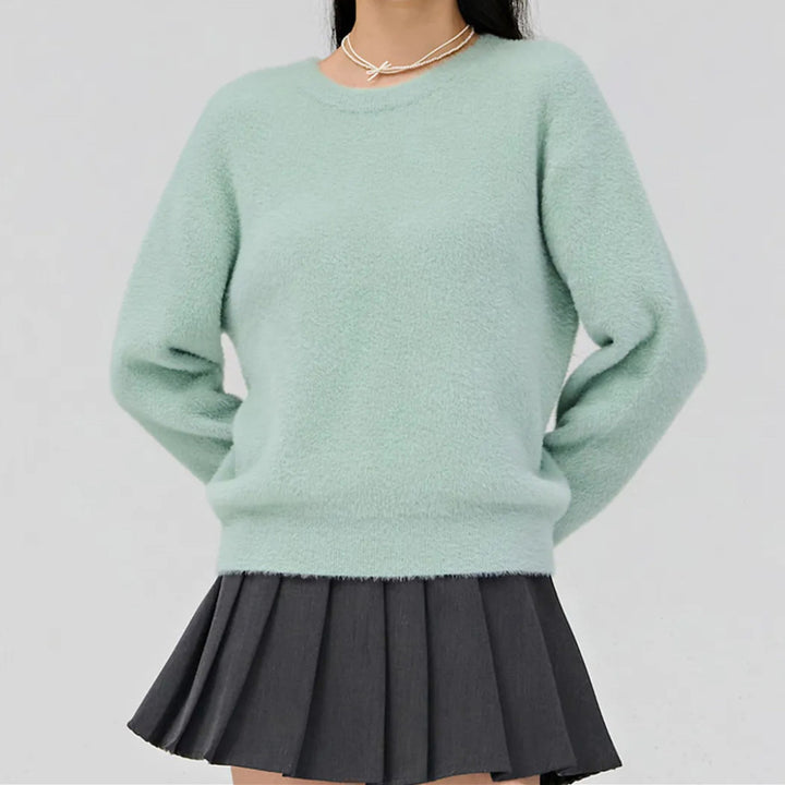 Damen Kurzgeschnitteter Flauschpullover mit Ballonärmeln und Rundhalsausschnitt Drune