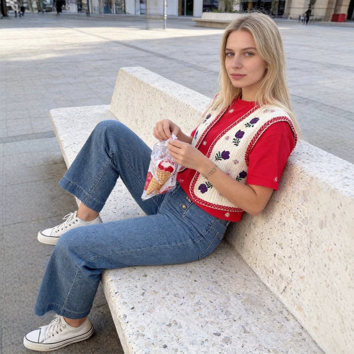 Damen Bestickte Kurz-Weste im Boho‑Chic mit floralen Applikationen Drune