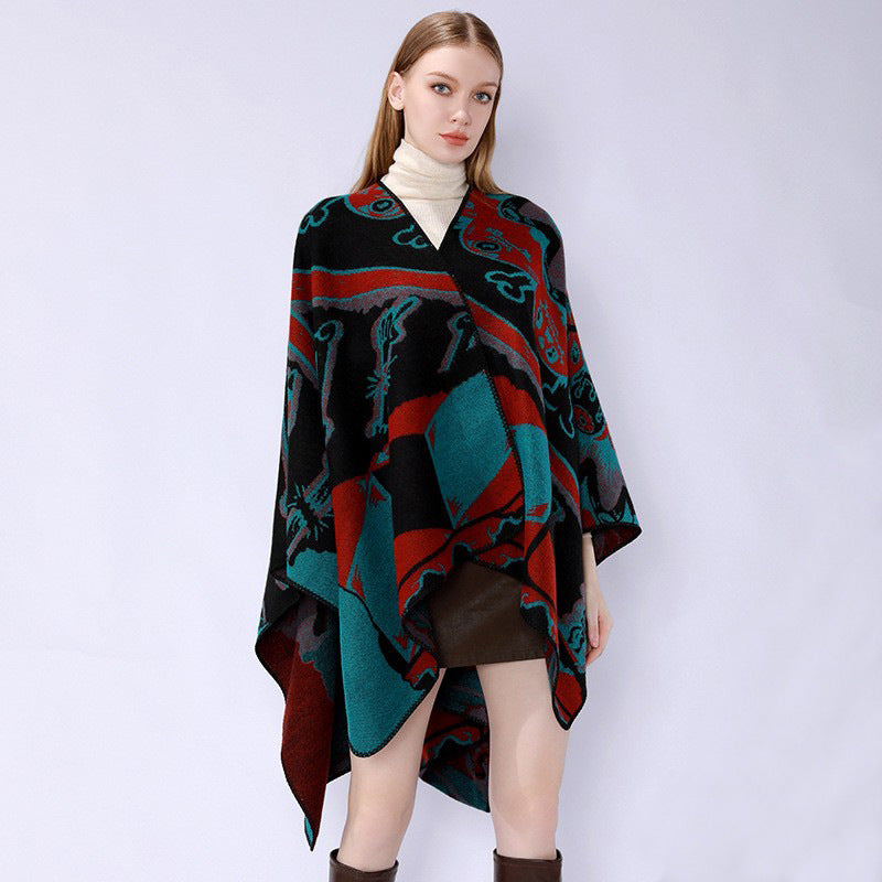 Damen Jacquard-Überwurfponcho mit musikalischem Ornament und Rollkante Drune
