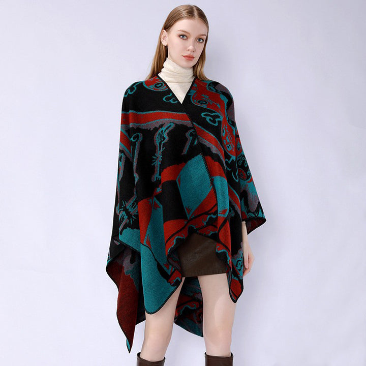 Damen Jacquard-Überwurfponcho mit musikalischem Ornament und Rollkante Drune