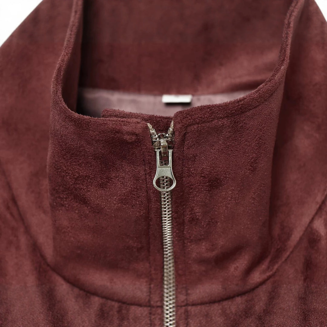 Damen kurze Veloursleder-Optik Bomberjacke mit Stehkragen und elastischem Saum Drune