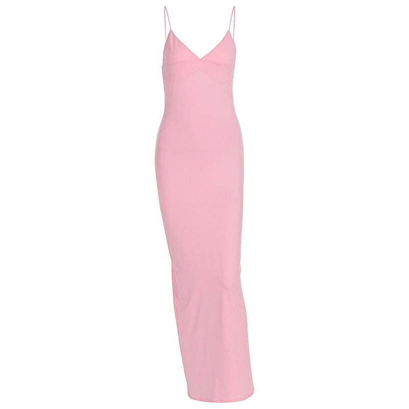 Damen figurbetontes Maxikleid mit schmalen Spaghettiträgern und elegantem V-Ausschnitt Drune