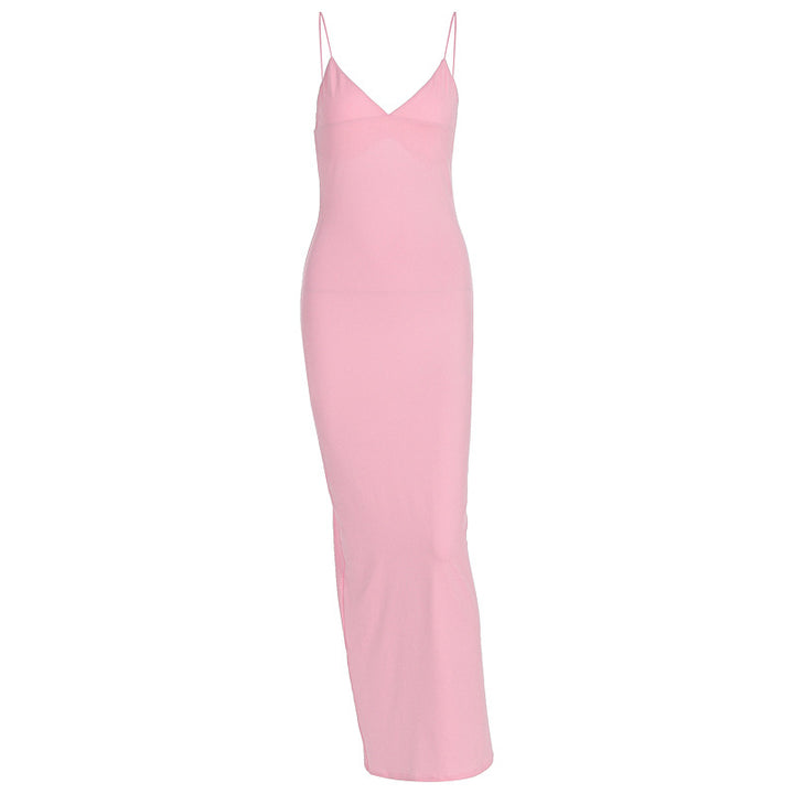 Damen figurbetontes Maxikleid mit schmalen Spaghettiträgern und elegantem V-Ausschnitt Drune