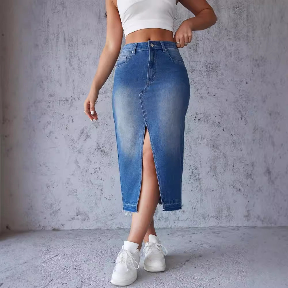Damen nan figurbetonter Highwaist-Denim-Bleistiftrock mit vorderlichem Oberschenkelschlitz und rohem Saum Drune