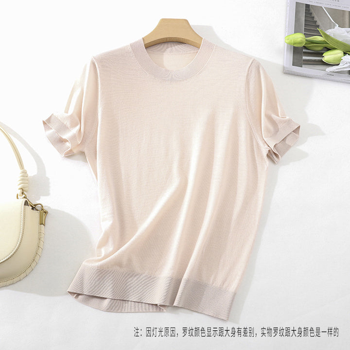 Damen Leichtes Kurzarm-Stricktop aus feinem Jersey mit Rundhals und Saumblende Drune