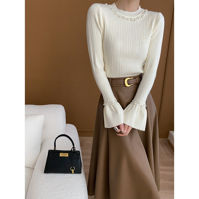 Damen Langarm Pullover mit Perlenschmuck Drune
