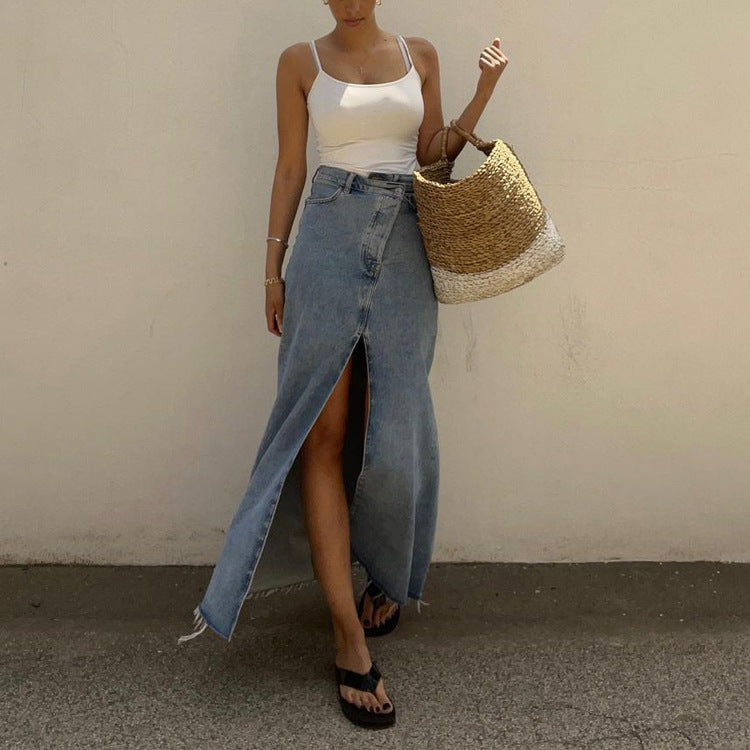 Damen Denim Maxi-Rock mit Schlitz und hohem Bund Drune