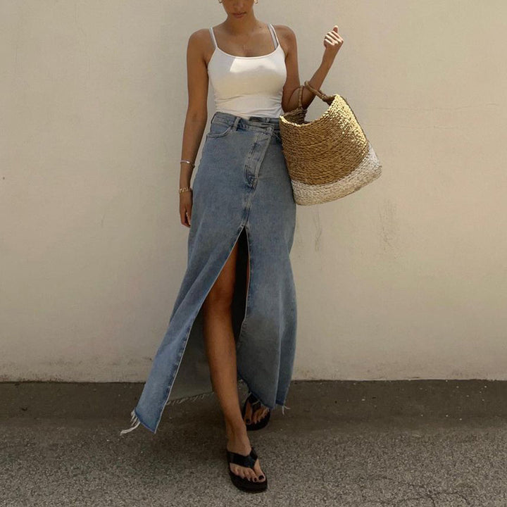 Damen Denim Maxi-Rock mit Schlitz und hohem Bund Drune
