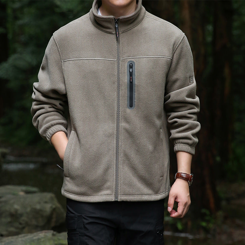 Herren Thermo‑Mikrofleece‑Outdoorjacke mit Stehkragen, wasserdichter Brustreißverschlusstasche Drune
