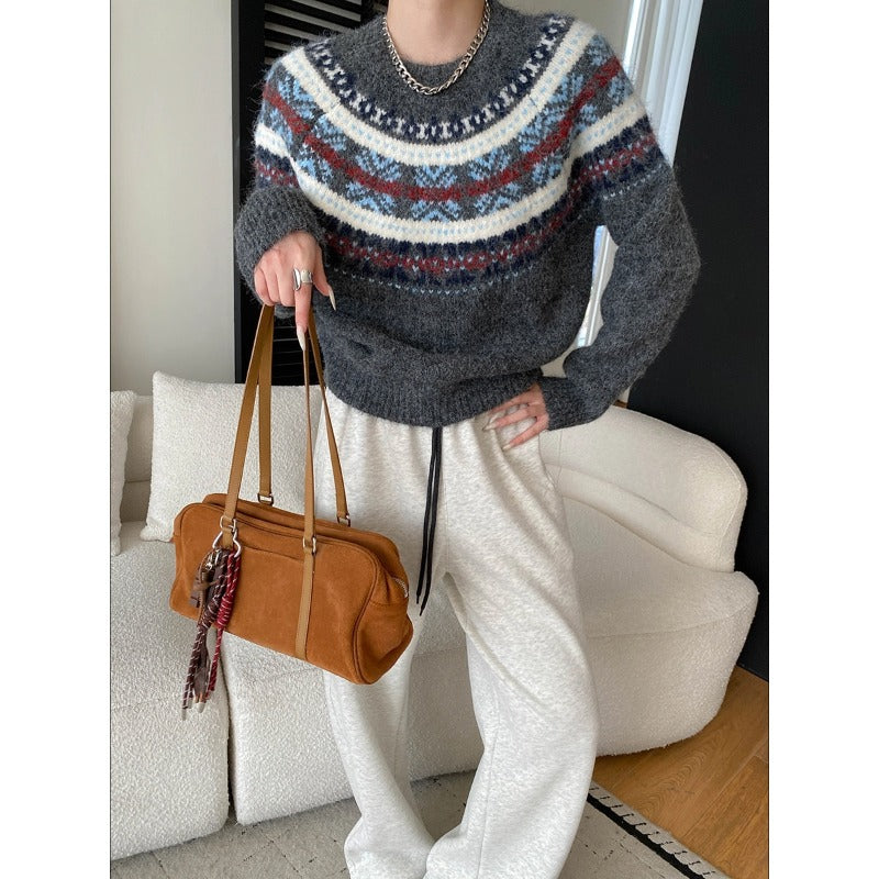 Damen Grobstrickpullover mit lebendigem Muster und weit geschnittenen Ärmeln Drune