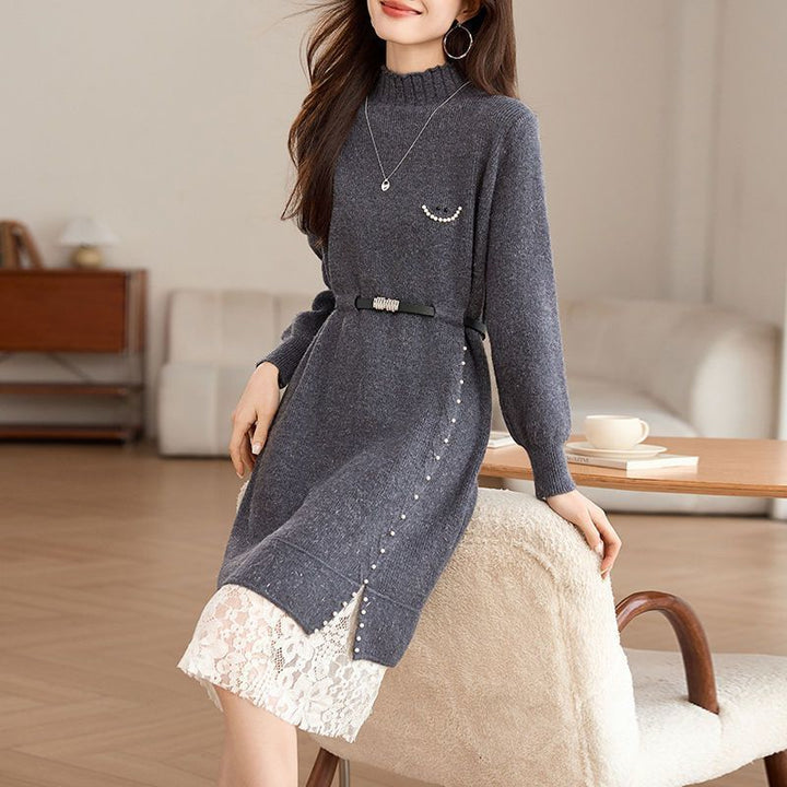 Damen Strickkleid mit modischen Perlendetails und elegantem Gürtel Drune