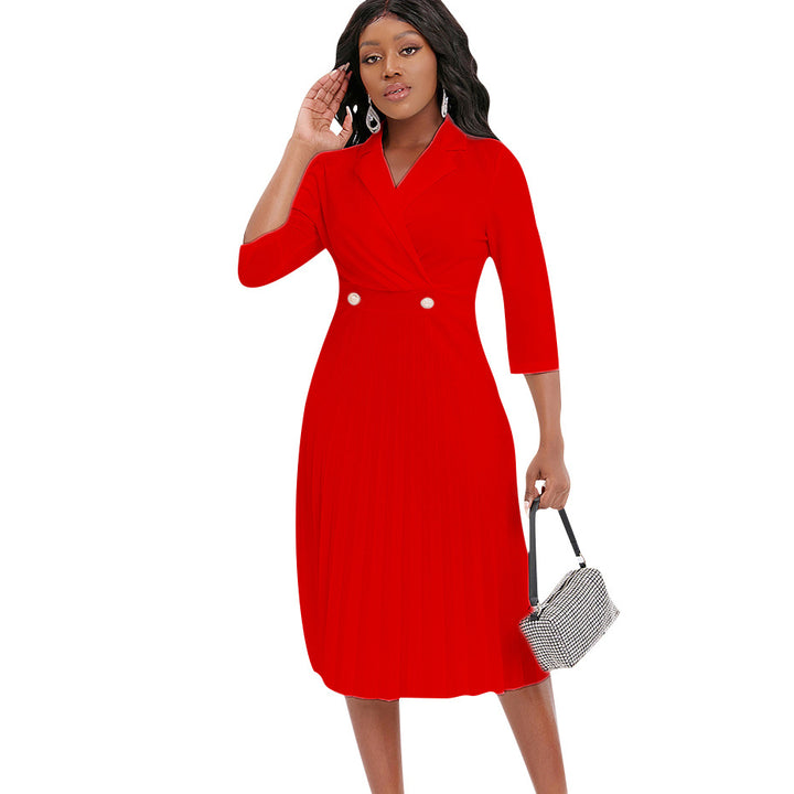 Damen elegantes Midi-Kleid mit strukturiertem Oberteil und klassischem Revers Drune