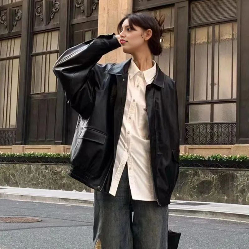 Damen Oversized Lederjacke mit dekorativen Taschen Drune
