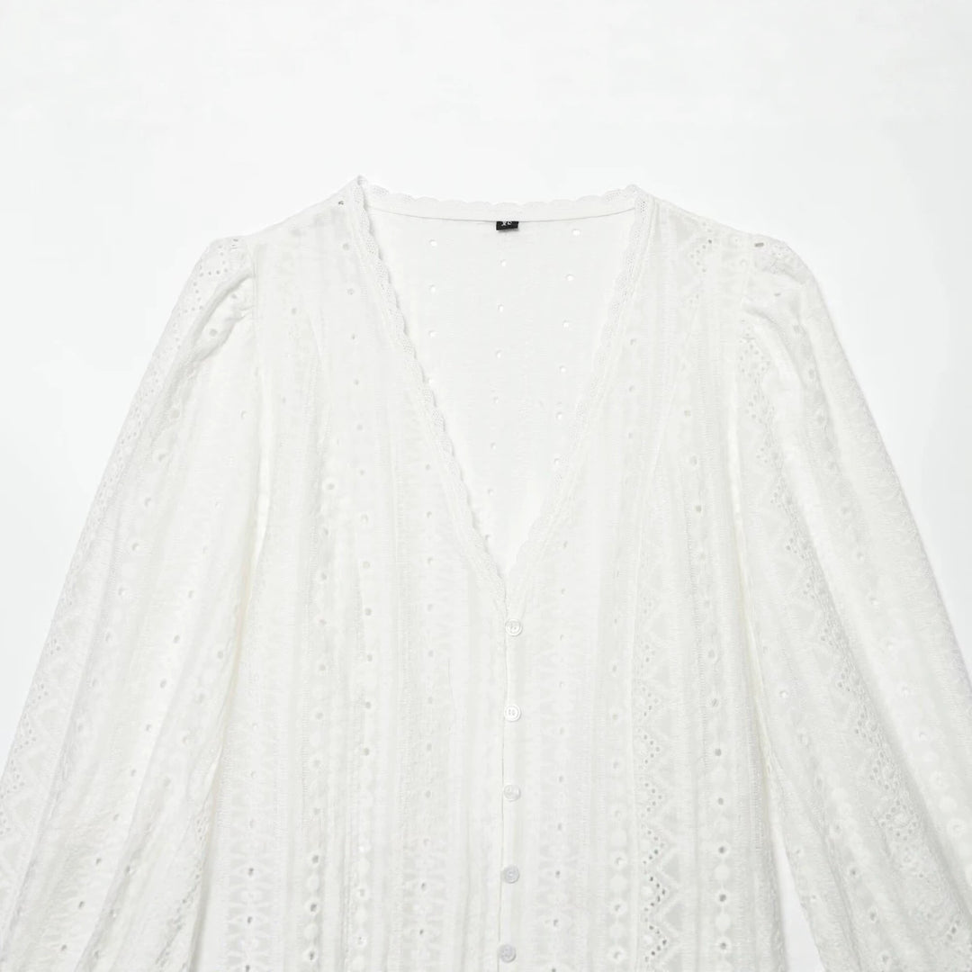 Damen Baumwoll-Spitzen-Cardigan mit V‑Ausschnitt, Knopfleiste und Ballonärmeln Drune