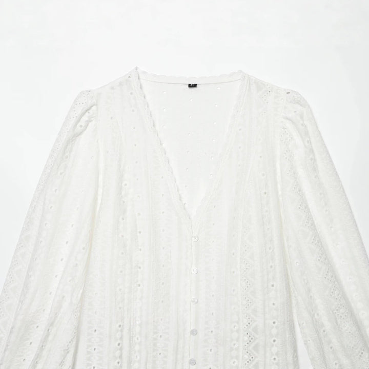 Damen Baumwoll-Spitzen-Cardigan mit V‑Ausschnitt, Knopfleiste und Ballonärmeln Drune