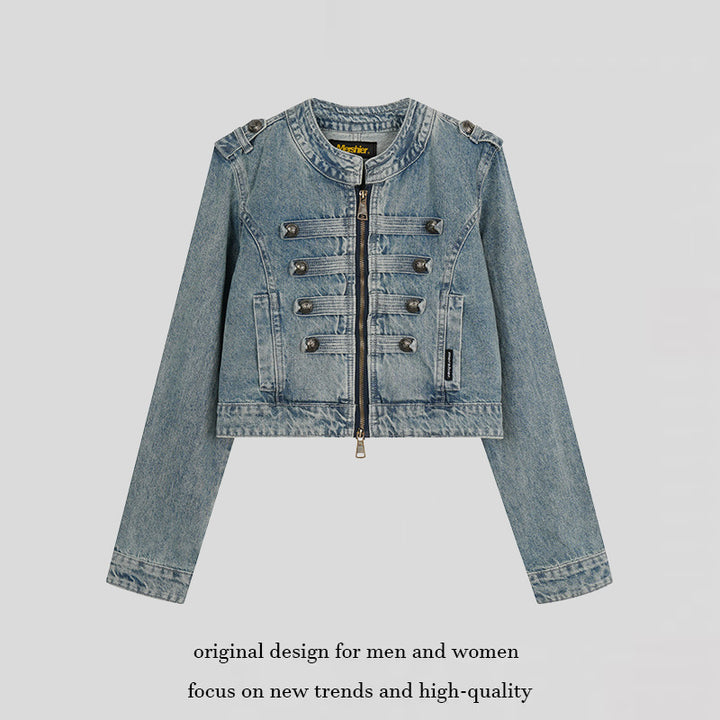 Damen Cropped-Denimjacke im Military‑Stil mit Zierknopfleisten Drune