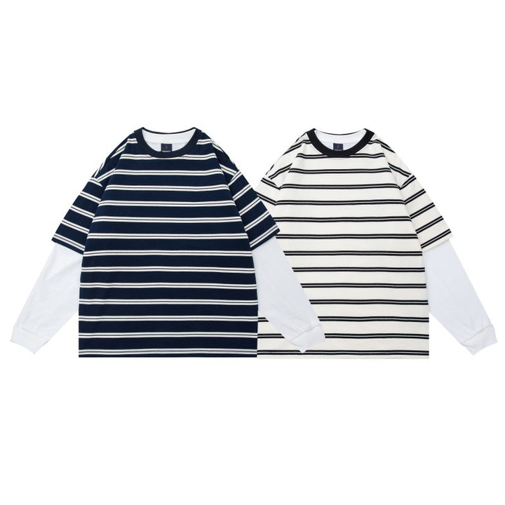 Unisex Lagenlook-Langarmshirt mit gestreiftem Oversize-Oberteil und eingesetzten Innärmeln Drune