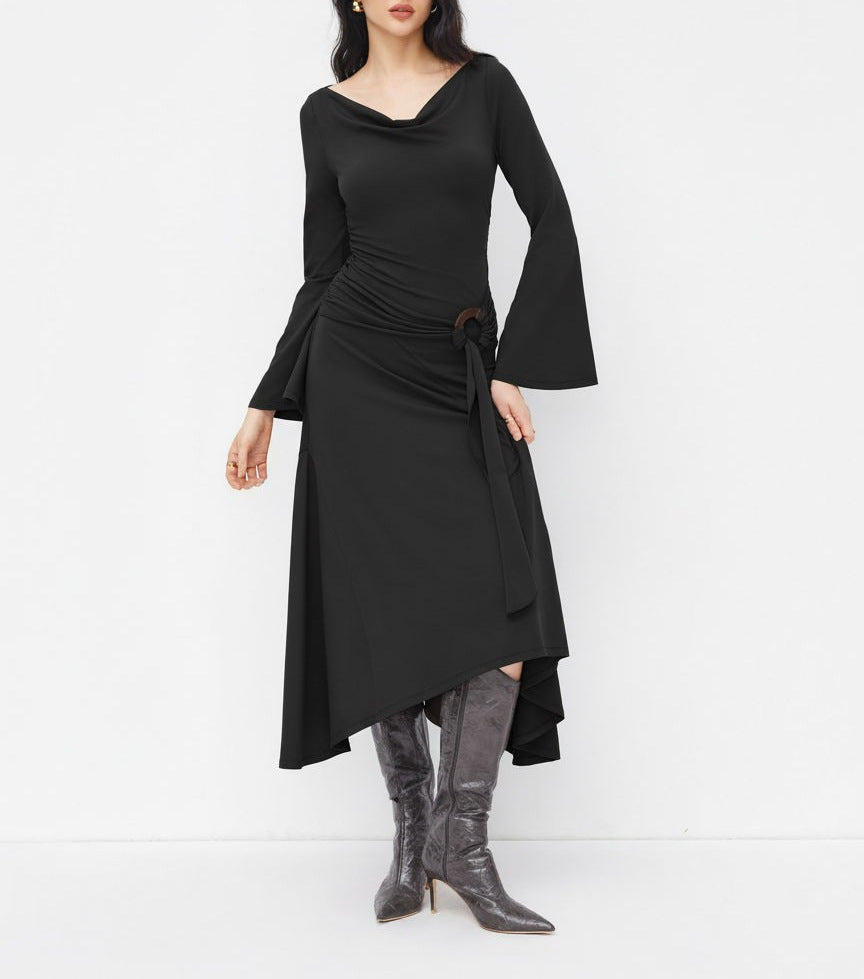 Damen Asymmetrisches Midikleid mit Wasserfallkragen, Glockenärmeln und seitlichem Ringdetail Drune