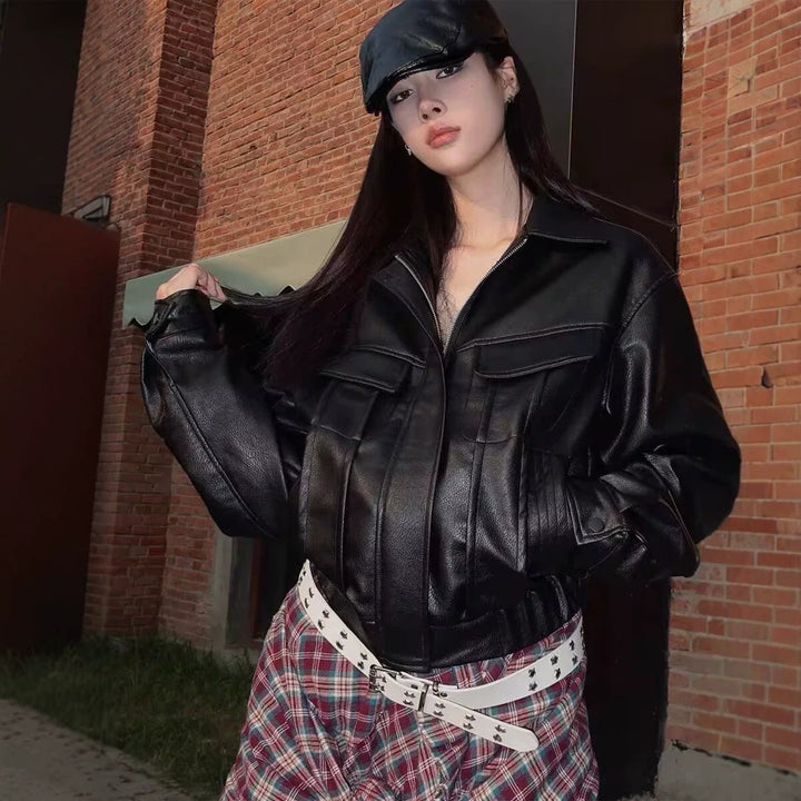 Damen Kurz geschnittene Kunstlederjacke im Boxy Cut mit voluminösen Ballonärmeln Drune