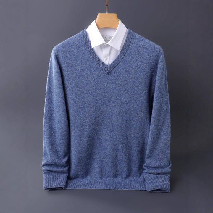 Herren Feiner V-Ausschnitt-Pullover aus Merino-Kaschmir-Mix mit gerippten Bündchen Drune