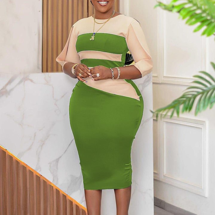 Damen figurbetontes Midi-Kleid mit asymmetrischen Farbschnitten und eleganten ¾-Ärmeln Drune