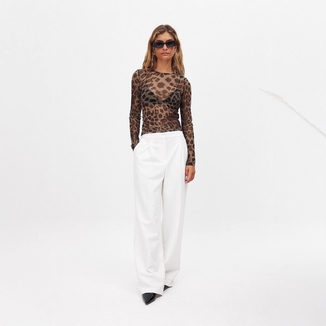 Damen langärmliges Shirt mit transparentem Leopardenmuster Drune