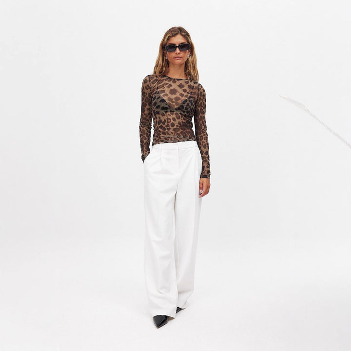 Damen langärmliges Shirt mit transparentem Leopardenmuster Drune