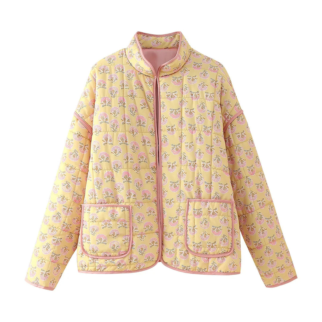 Damen nan gesteppte Blumenjacke mit Stehkragen Reißverschluss und aufgesetzten Taschen Drune