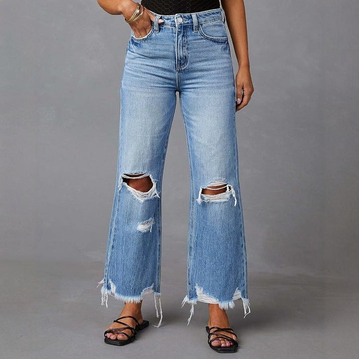 Damen nan hochgeschnittene ausgestellte Destroyed-Jeans mit Knieausfransungen und rohem Saum Drune