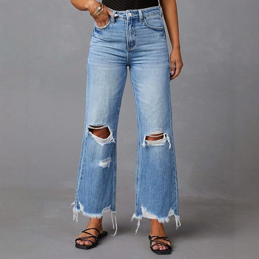 Damen Flared Jeans mit stylischen Rissdetails und ausgefransten Säumen Drune