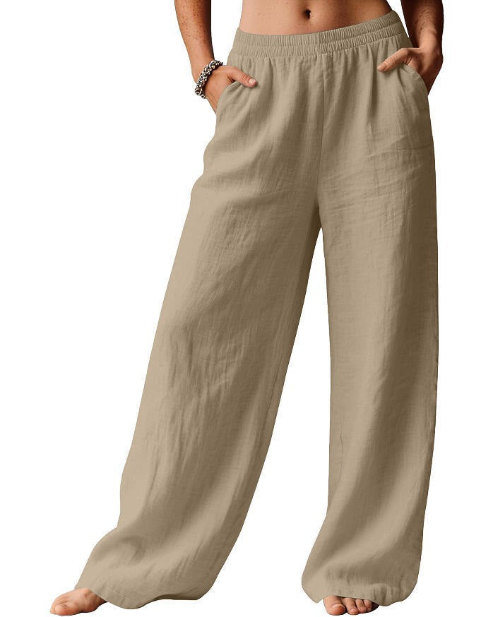 Damen bequeme weite Leinenhose mit elastischem Bund Drune