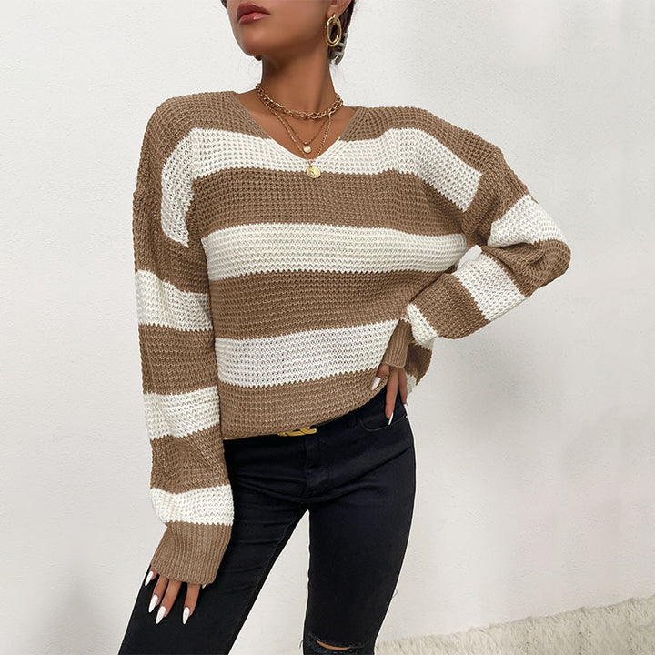 Damen Gestreifter Strickpullover mit V‑Ausschnitt und lässiger Oversize‑Passform Drune