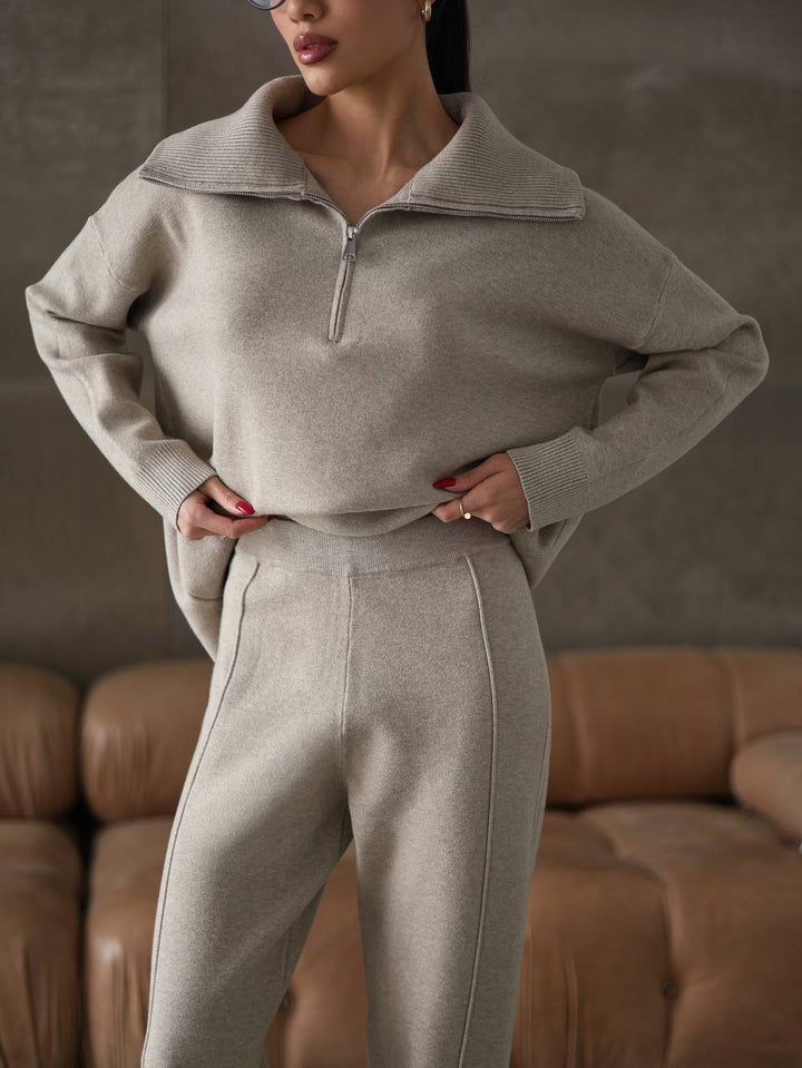 Damen elegantes Sweatshirt- und Jogginghose-Set mit hohem Kragen und Reißverschluss Drune