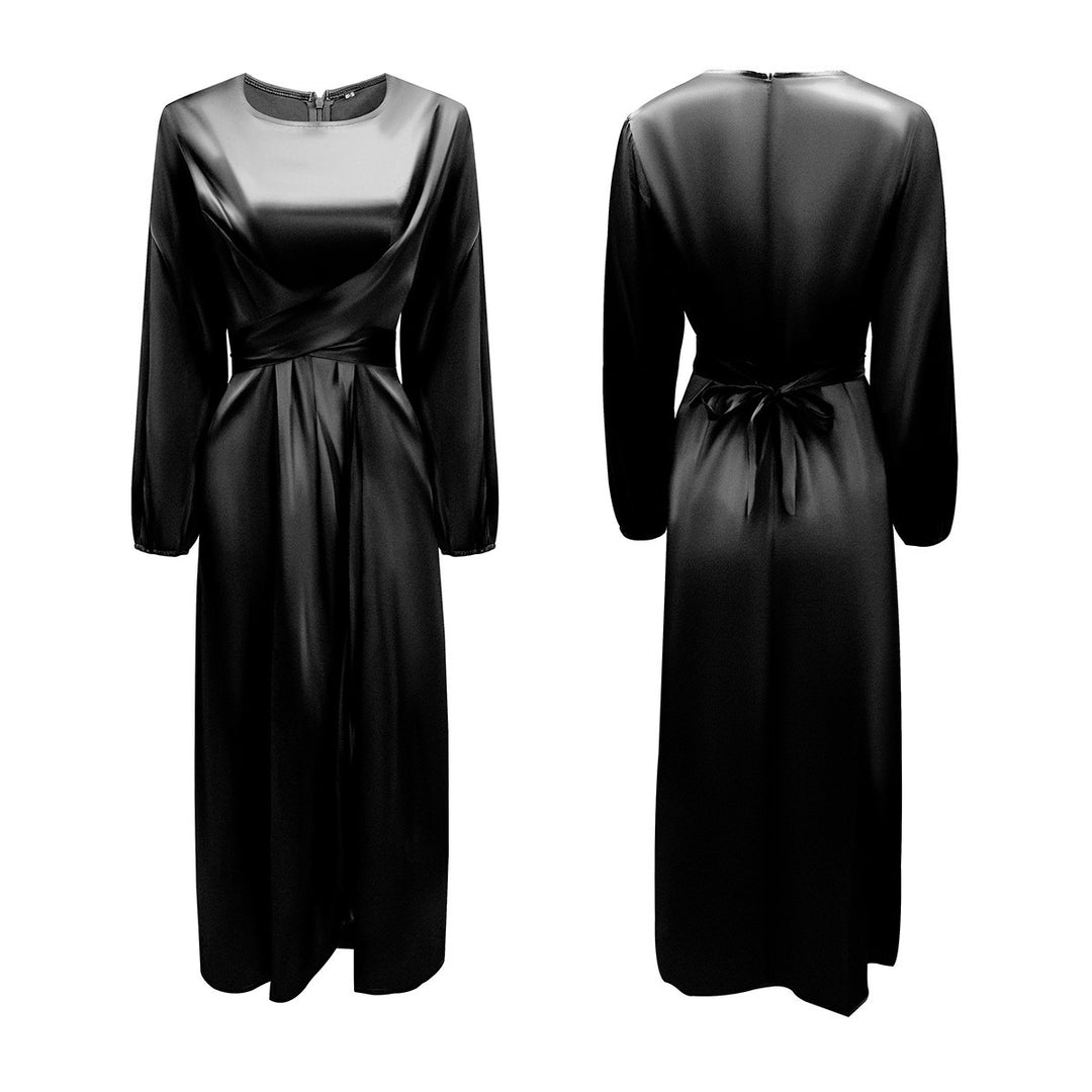 Damen Elegantes Maxikleid aus Satin mit Wickel-Detail, Langarm und Taillenband Drune
