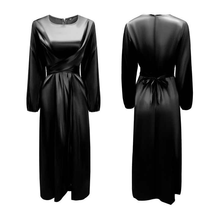 Damen Elegantes Maxikleid aus Satin mit Wickel-Detail, Langarm und Taillenband Drune