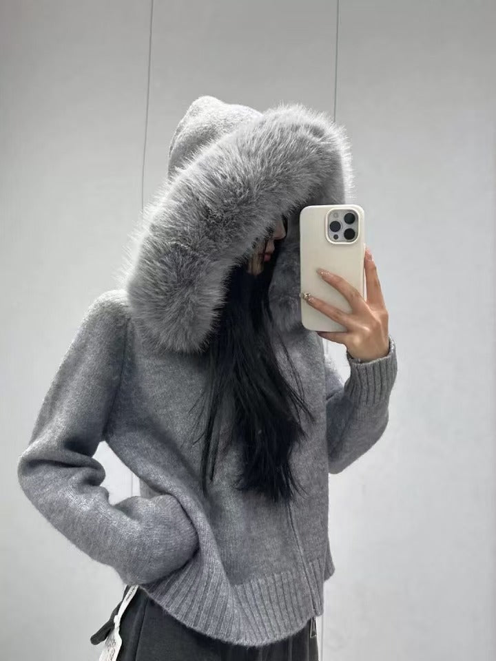 Damen kuschelige Strickjacke mit luxuriösem Pelzkragen und Reißverschluss Drune