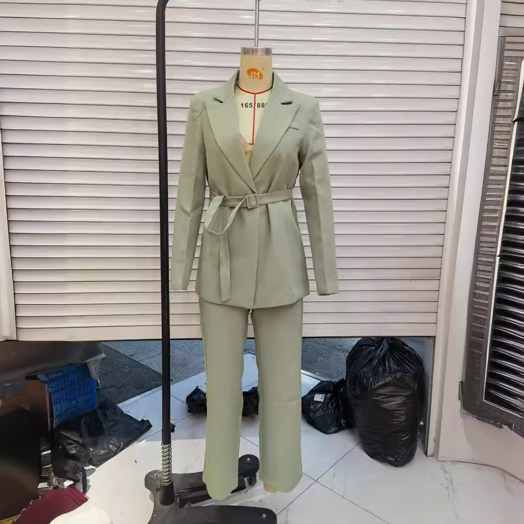 Damen nan tailliertes Blazer- und Highwaist-Hose Zweiteiler mit Bindegürtel Drune