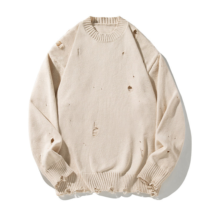 Unisex Oversize Strickpullover mit Vintage-Löchermotiv, Rundhalsausschnitt und gerippten Bündchen Drune