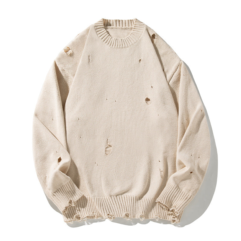 Unisex Oversize Strickpullover mit Destroyed‑Optik, Rundhalsausschnitt und gerippten Bündchen Drune