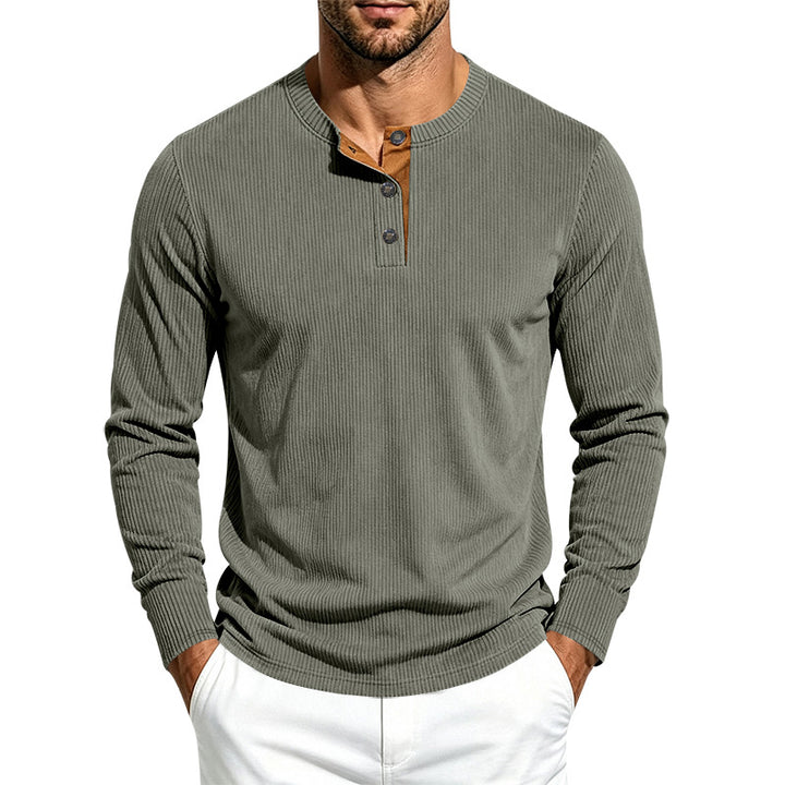 Herren Geripptes Langarm-Henley mit Stehkragen, Kontrast-Knopfleiste und Rippbündchen Drune