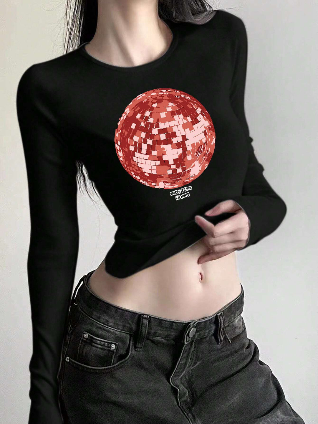 Damen nan figurbetontes Langarmshirt mit niedlichem Gänse-Print, Rundhalsausschnitt und leichtem Stretch Drune