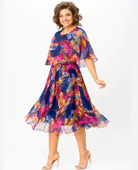 Damen Chiffon Midi Kleid mit capa Ärmeln und elastischem Taillenbund Drune