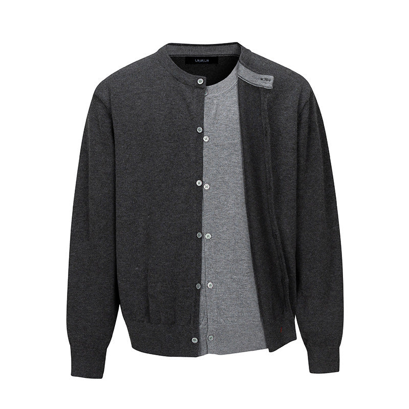 Herren Feinstrick-Cardigan mit zweilagiger Optik, Rundhalsausschnitt und durchgehender Knopfleiste Drune